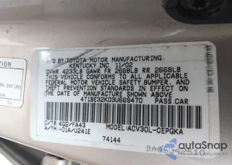 2003 Toyota Camry Xle from USA, damaged, VIN 4T1BE32K03U669470